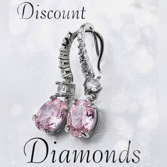 Oval Cut Pink Diamond Earrings with Clear White Baguette Diamond… - Picture 1 of 7